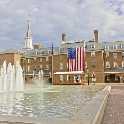 View of Alexandria City Hall, Market Square & it's central fountain, King Street, Old Town Alexandria, Virginia